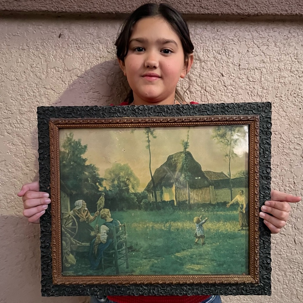 Antique Framed Idyllic Farm Scene Art Print Framed, Wool Looming, Children Playi